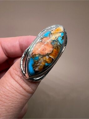 Oyster Copper Turquoise composite Sterling silver statement ring